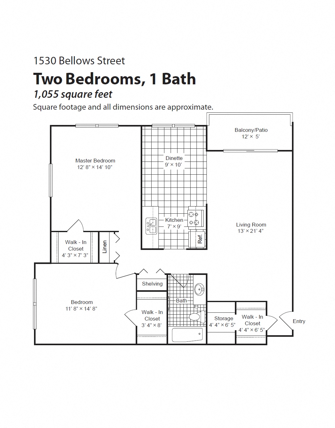 Floor plan for 2 beds, 1 bath, 1141 sqft